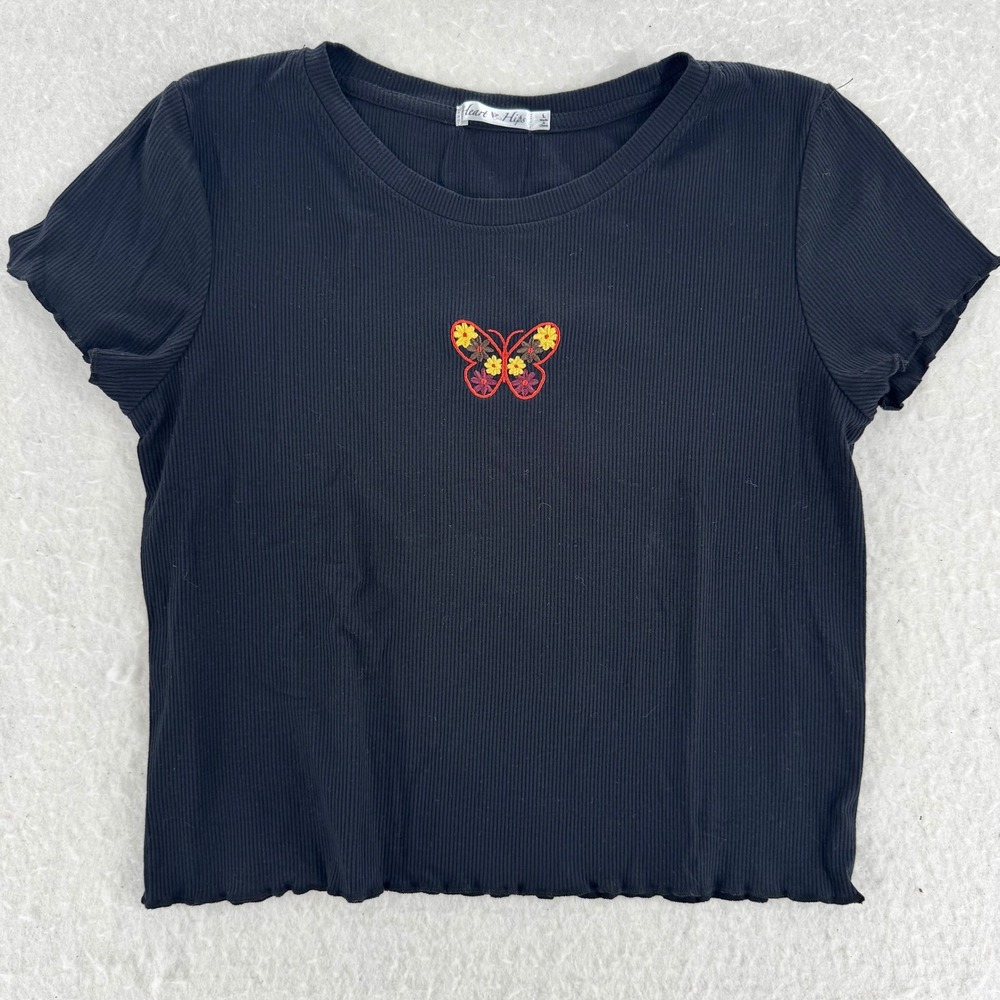 Heart & Hips - Ribbed Butterfly Crop Top - Black - Large - Womens